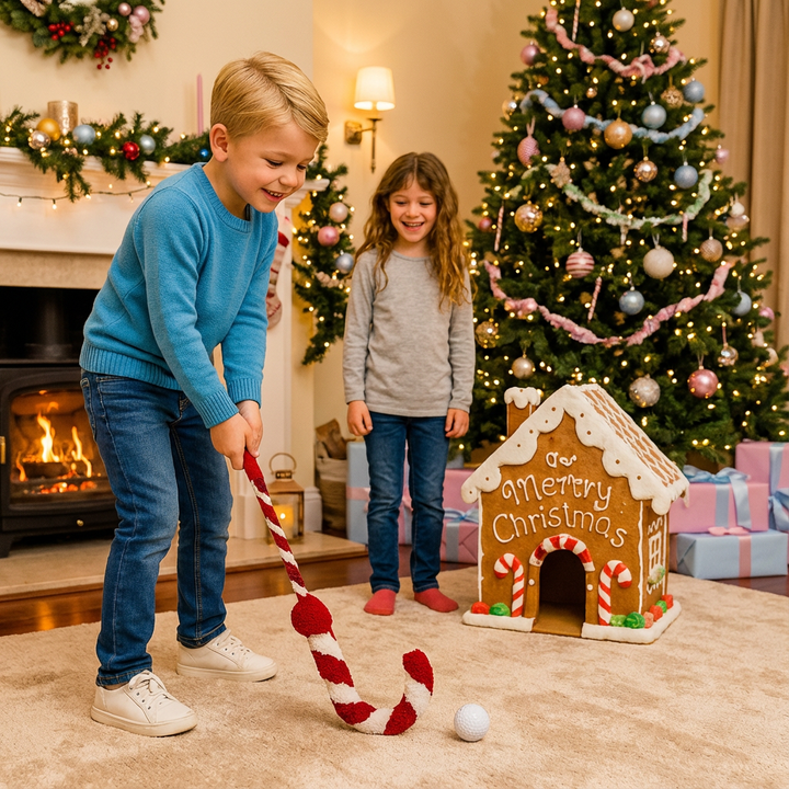 Weihnachtliches Lebkuchen Golfspiel, festlicher Indoor-Spaß für Familie und Freunde.