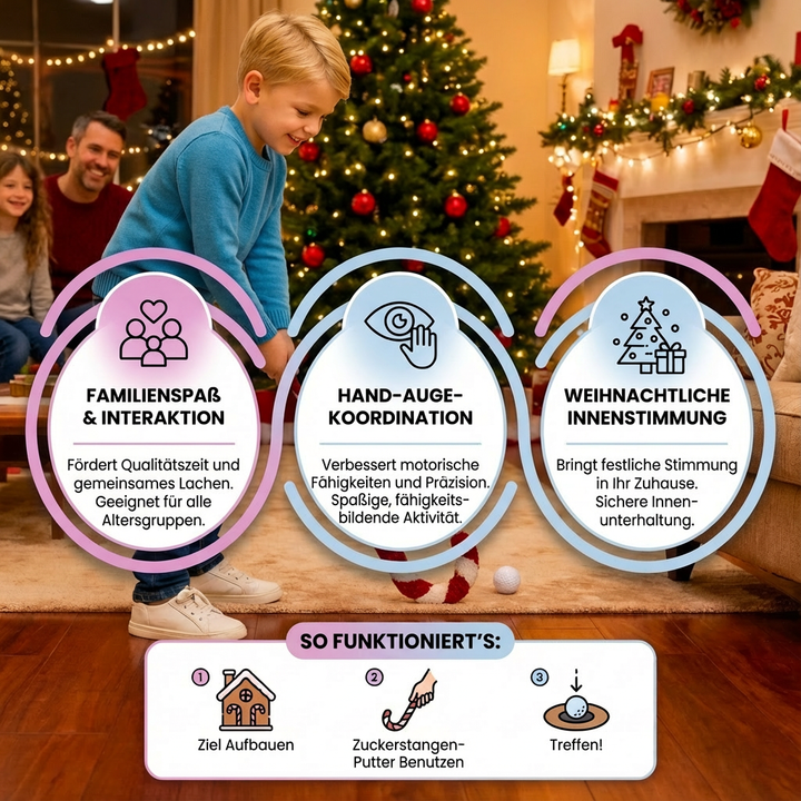 Kinder spielen Lebkuchen Minigolf, ein lustiges Weihnachtsspielzeug und Familienspiel für drinnen.