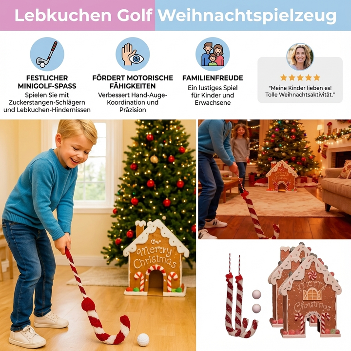 Bürospiel: Kollegen lachen beim Lebkuchen Minigolf, festliche Unterhaltung für die Winterzeit.