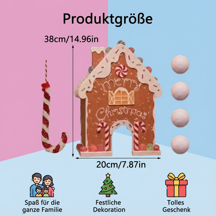 Aufbau des Lebkuchen Minigolf Parcours mit Lebkuchenmännern und Schneemann-Hindernissen für drinnen.