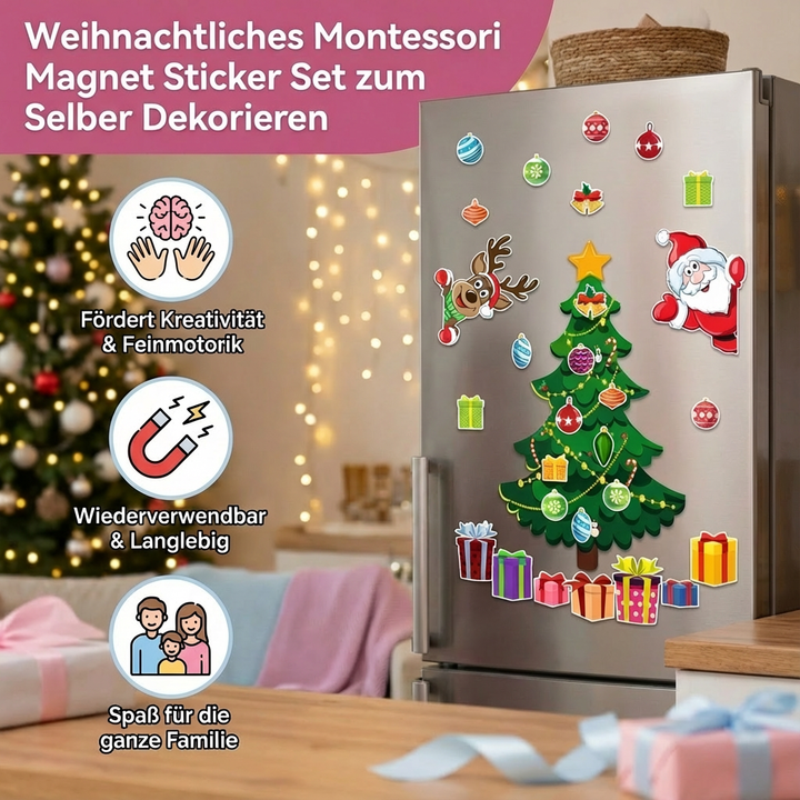 Kinder basteln Weihnachtsdeko mit Magnetstickern: individuelles Gestalten festlicher Motive und Objekte.