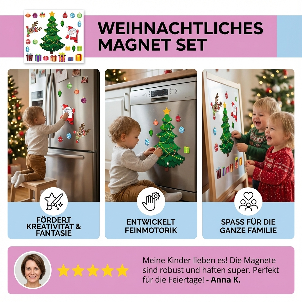 Detailaufnahme von Weihnachtsmagnetstickern: Sterne, Kugeln und Figuren aus dem Montessori Bastelset.
