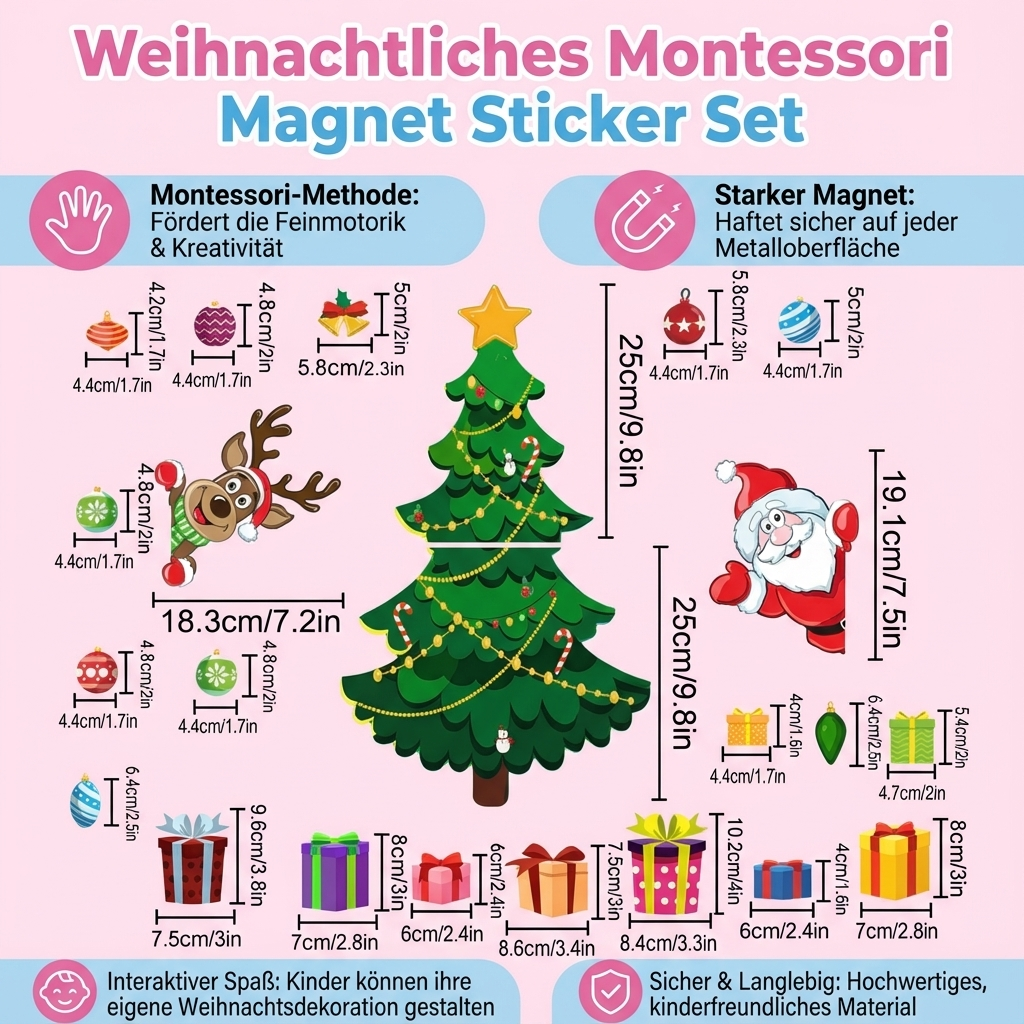 Festliches Magnetsticker Set nach Montessori-Prinzip, ideal für Feinmotorik und kreative Weihnachtsaktivitäten.