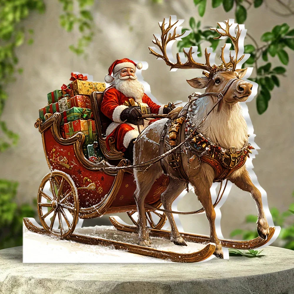 Schimmernde 2D Acryl Weihnachtsfigur: Rentierschlitten mit Weihnachtsmann. Ideal für festliche Winterdekoration.