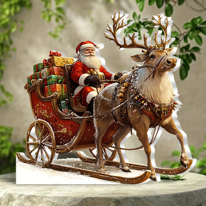 Schimmernde 2D Acryl Weihnachtsfigur: Rentierschlitten mit Weihnachtsmann. Ideal für festliche Winterdekoration.