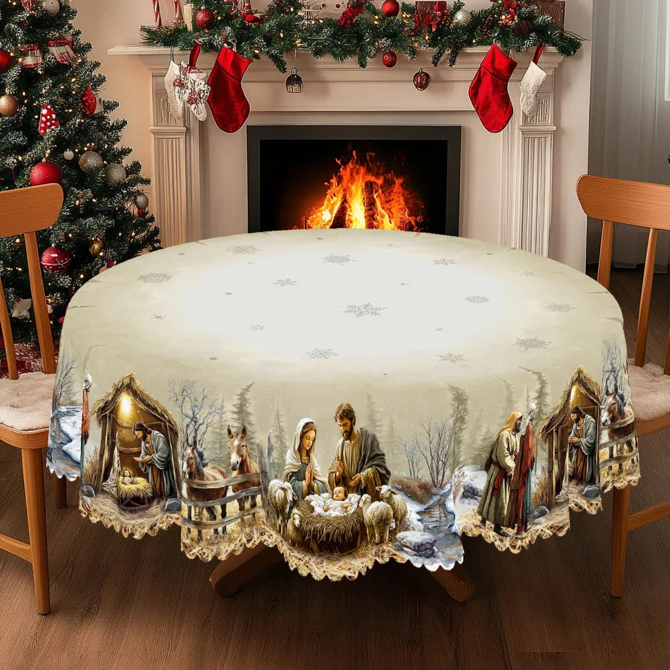 Weihnachtstischdecke mit Krippenszene, festlich für Weihnachtsessen. Pflegeleichte, runde Tischdeko aus Polyester.