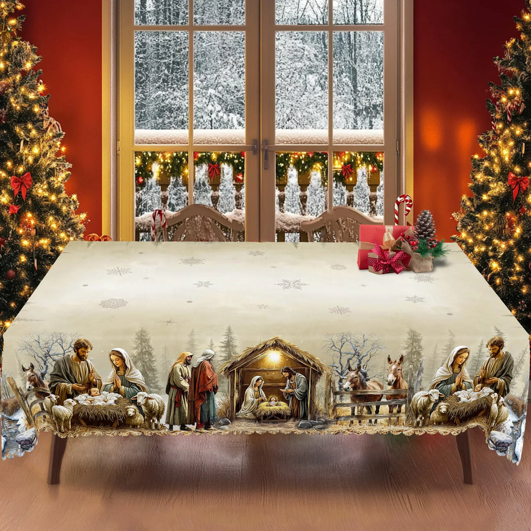 Rechteckige Weihnachtstischdecke mit detailreicher Krippenszene, abwischbar & pflegeleicht für festliche Tafeln.