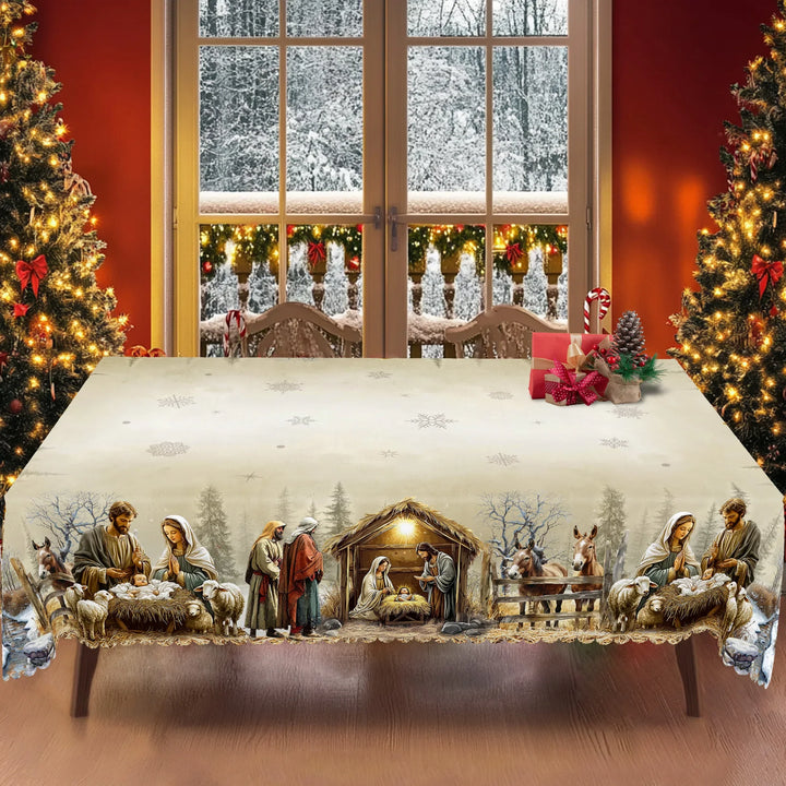 Rechteckige Weihnachtstischdecke mit detailreicher Krippenszene, abwischbar & pflegeleicht für festliche Tafeln.
