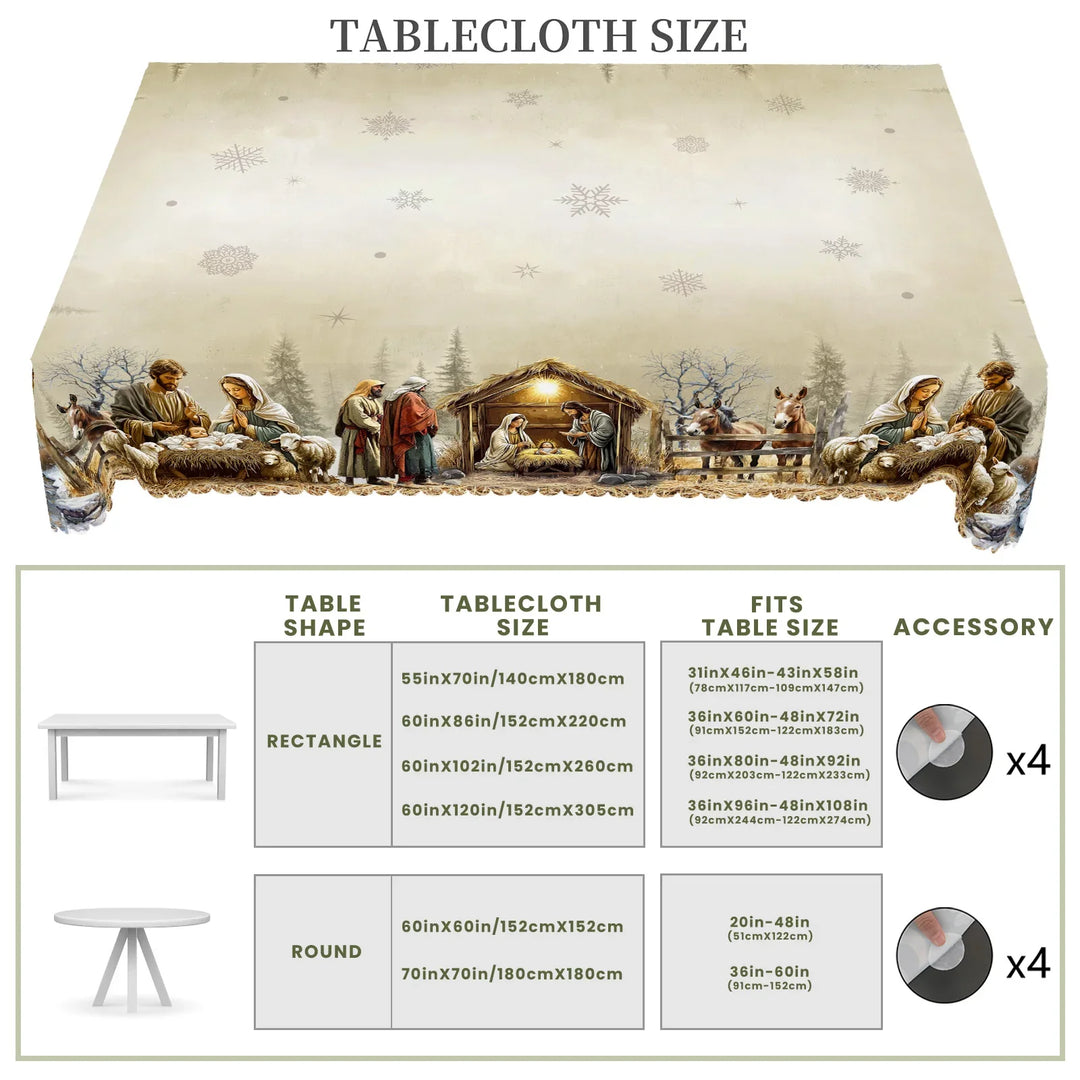 Festliche Weihnachtstischdecke mit Krippenszene aus Polyester, ideal als pflegeleichte Tischdeko für Weihnachten.