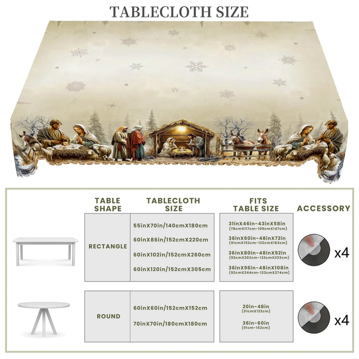 Festliche Weihnachtstischdecke mit Krippenszene aus Polyester, ideal als pflegeleichte Tischdeko für Weihnachten.