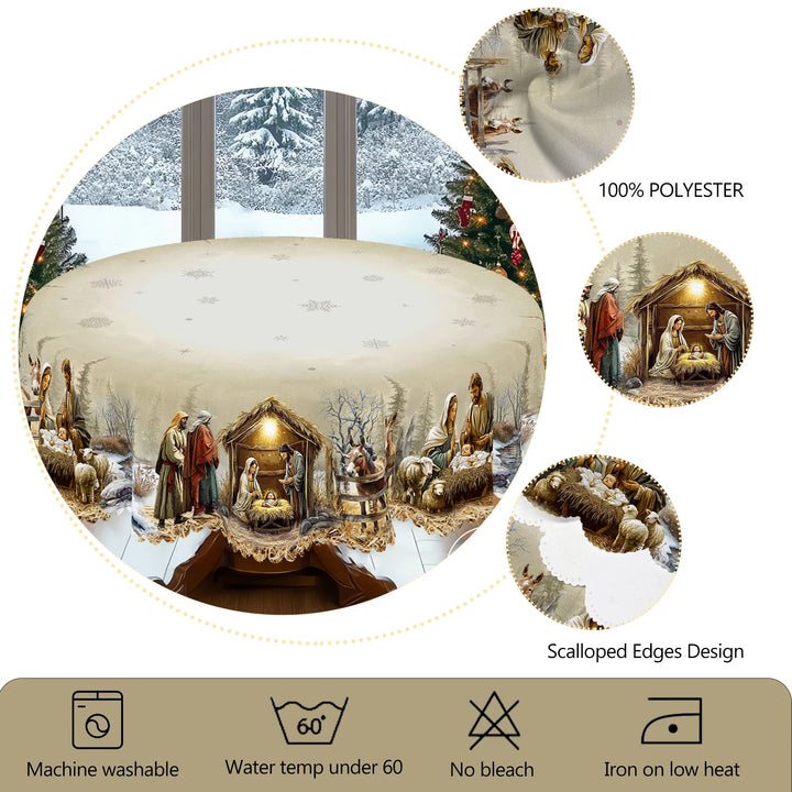Runde & rechteckige Weihnachtstischdecke Krippenszene. Festliche, pflegeleichte Tischdeko für das Weihnachtsessen.