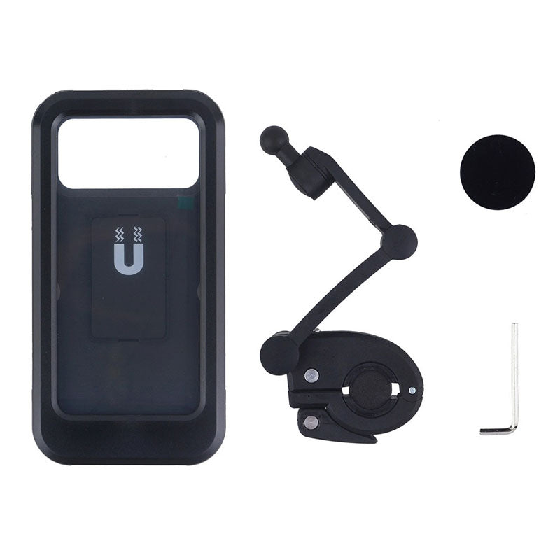 Schwarzer, wetterfester Smartphone Halter für Fahrradlenker, stabil und sicher.