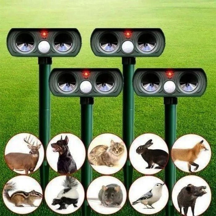 Solarbetriebenes, kabelloses Ultraschall Tierabwehrgerät mit Bewegungssensor zum Schutz des Gartens vor Tieren.