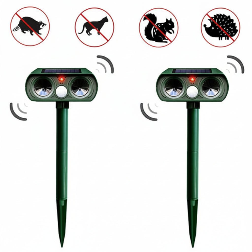 Robustes Ultraschall Tierabwehrgerät für den Außenbereich, wetterfest, vertreibt Wildtiere sanft mit Sensor.