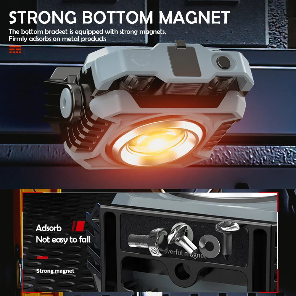 Magnetische LED-Arbeitsleuchte an Metall befestigt, hell leuchtend. Perfekt für Werkstatt & Auto.
