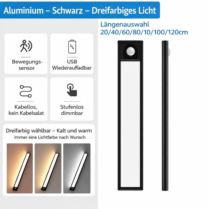 Kabellose LED-Schrankbeleuchtung mit Bewegungssensor & Dimmfunktion, magnetisch anbringbar.