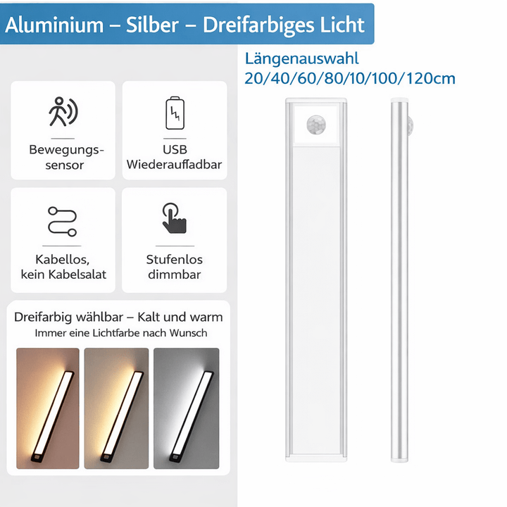 Energieeffizientes LED-Sensorlicht wiederaufladbar, für Schränke, Küchen & Flure. Dimmbar mit Bewegungserkennung.