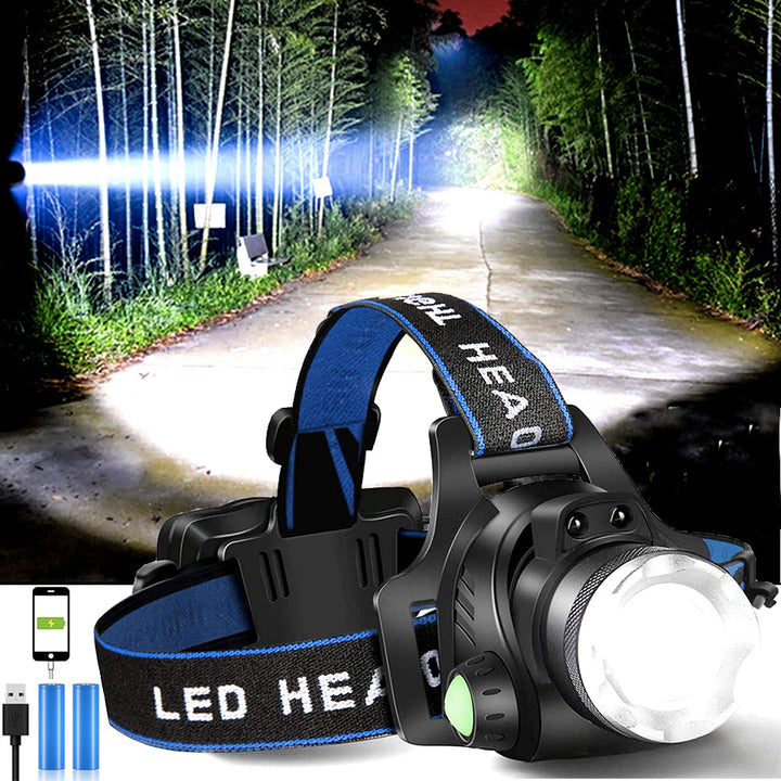 Wiederaufladbare LED Stirnlampe für Outdoor, Sport & Arbeit. Helles, robustes Licht für freihändige Nutzung.