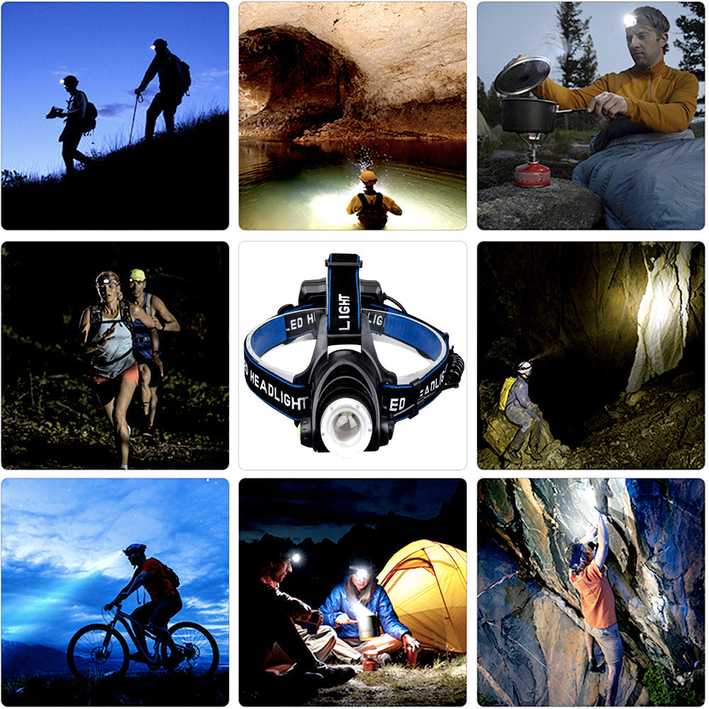 Helle, wiederaufladbare LED Stirnlampe mit Akku für Camping, Wandern und freihändige Arbeit.