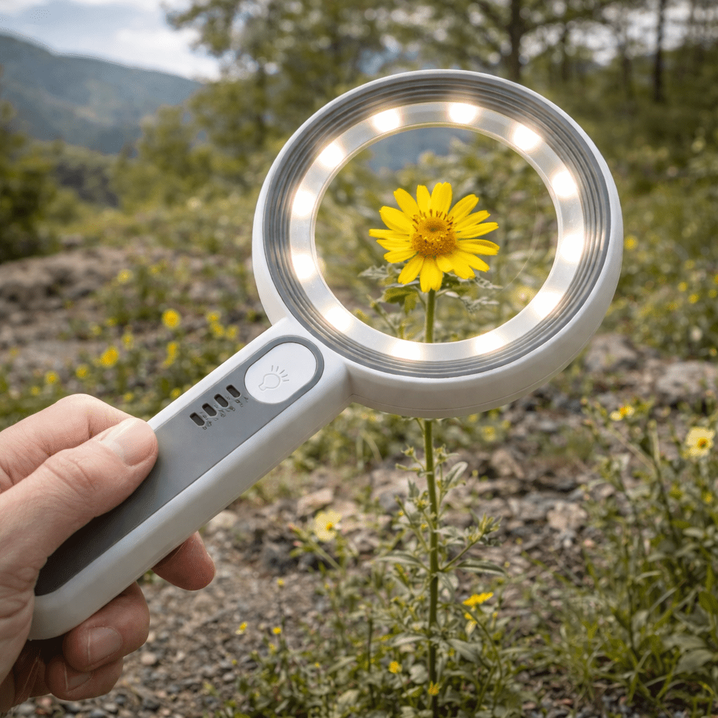 Wiederaufladbare LUMIBLICK 12x LED-Lupe für präzise Detailarbeit, ideal für Lesen & Hobbys.