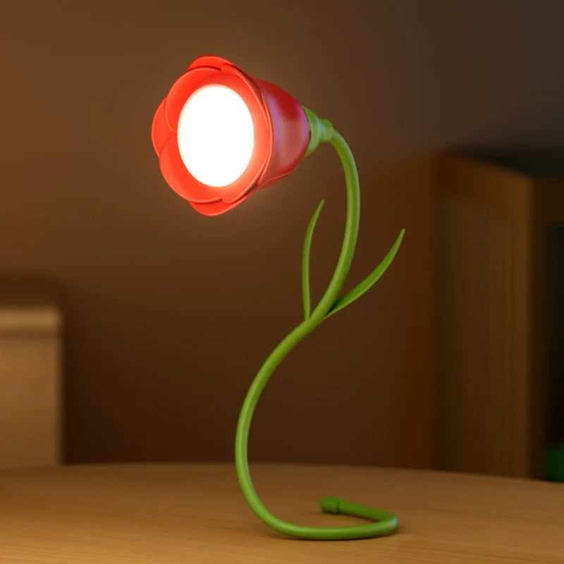 Akku-Rosenlampe mit LED, flexibler Schwanenhals, 3 Farben. Ideal als Nachttischlampe, USB-C-Anschluss.