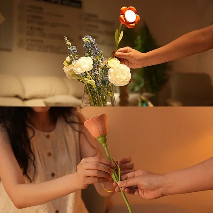 Flexible Rosen-LED-Akku-Lampe mit 3 einstellbaren Lichtfarben. Perfekt für Nachttisch oder Schreibtisch.