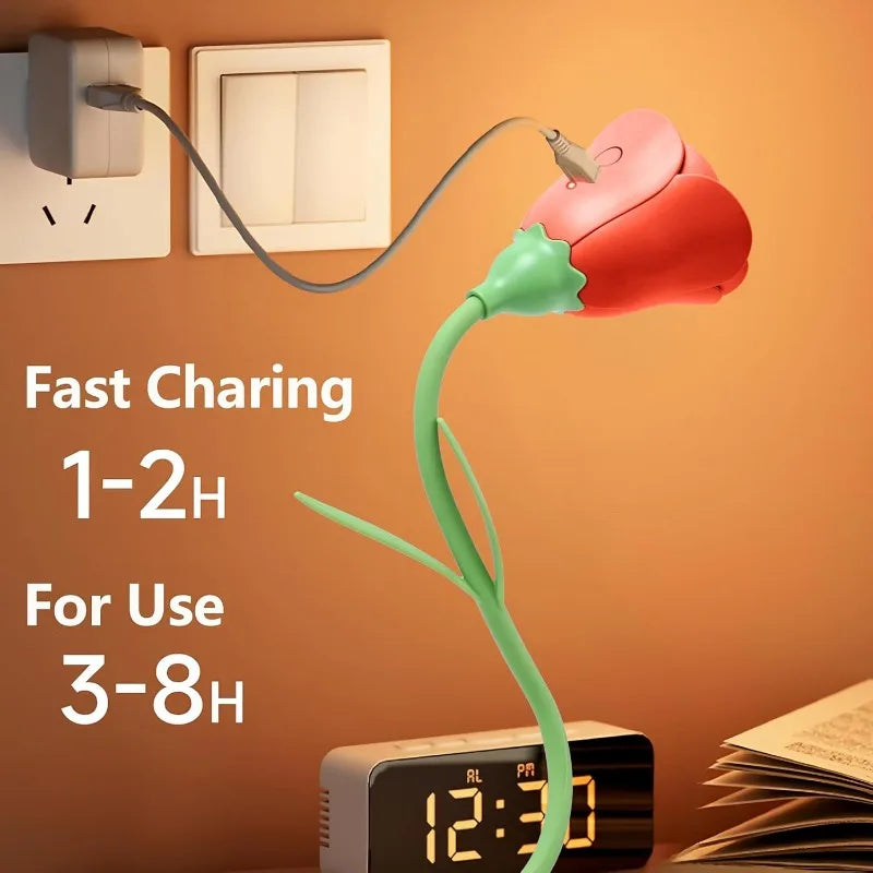 Elegante Rosen-LED-Tischlampe mit Akku, dimmbar und 3 Farbmodi. Romantische Innenbeleuchtung.