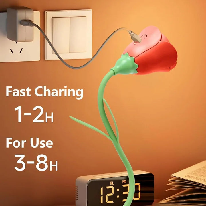 Elegante Rosen-LED-Tischlampe mit Akku, dimmbar und 3 Farbmodi. Romantische Innenbeleuchtung.