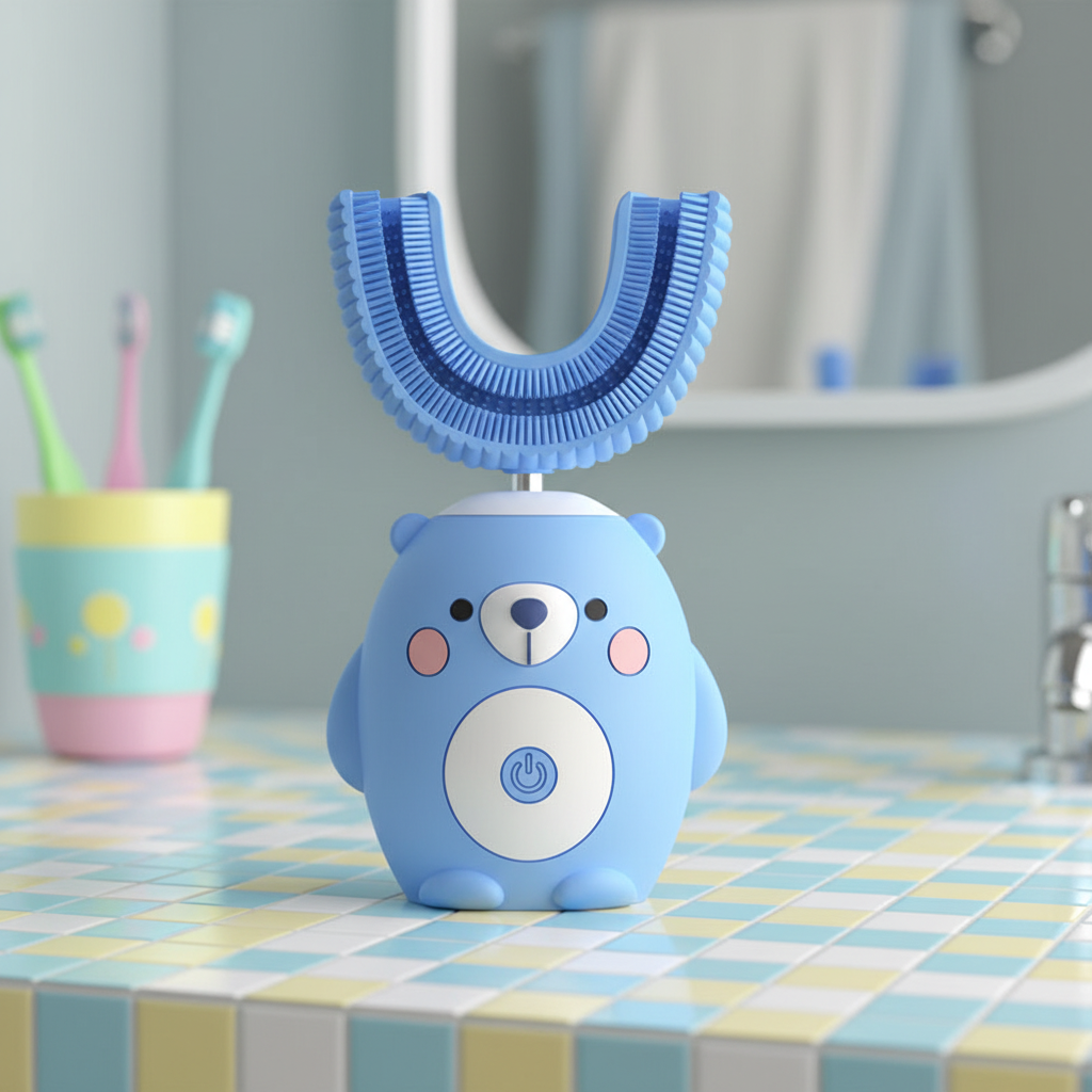 Wiederaufladbare TinySonic Schallzahnbürste für Kinder in U-Form mit weichen Silikonborsten für spielerische Zahnpflege.