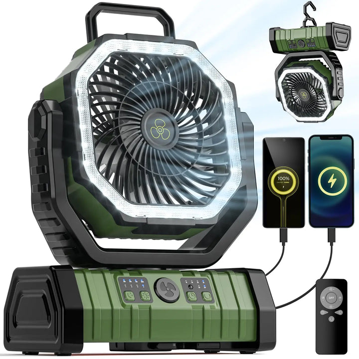 Wiederaufladbarer Camping Ventilator mit integrierter 20000mAh Powerbank, LED-Licht & Fernbedienung für Outdoor & Zelt.