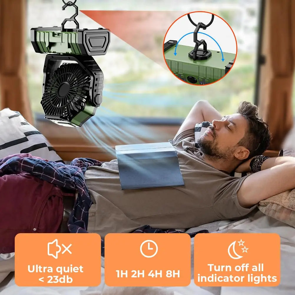 Tragbarer Camping Ventilator mit Powerbank und LED-Licht, ideal für Zelt, Wohnmobil und Outdoor-Abenteuer.