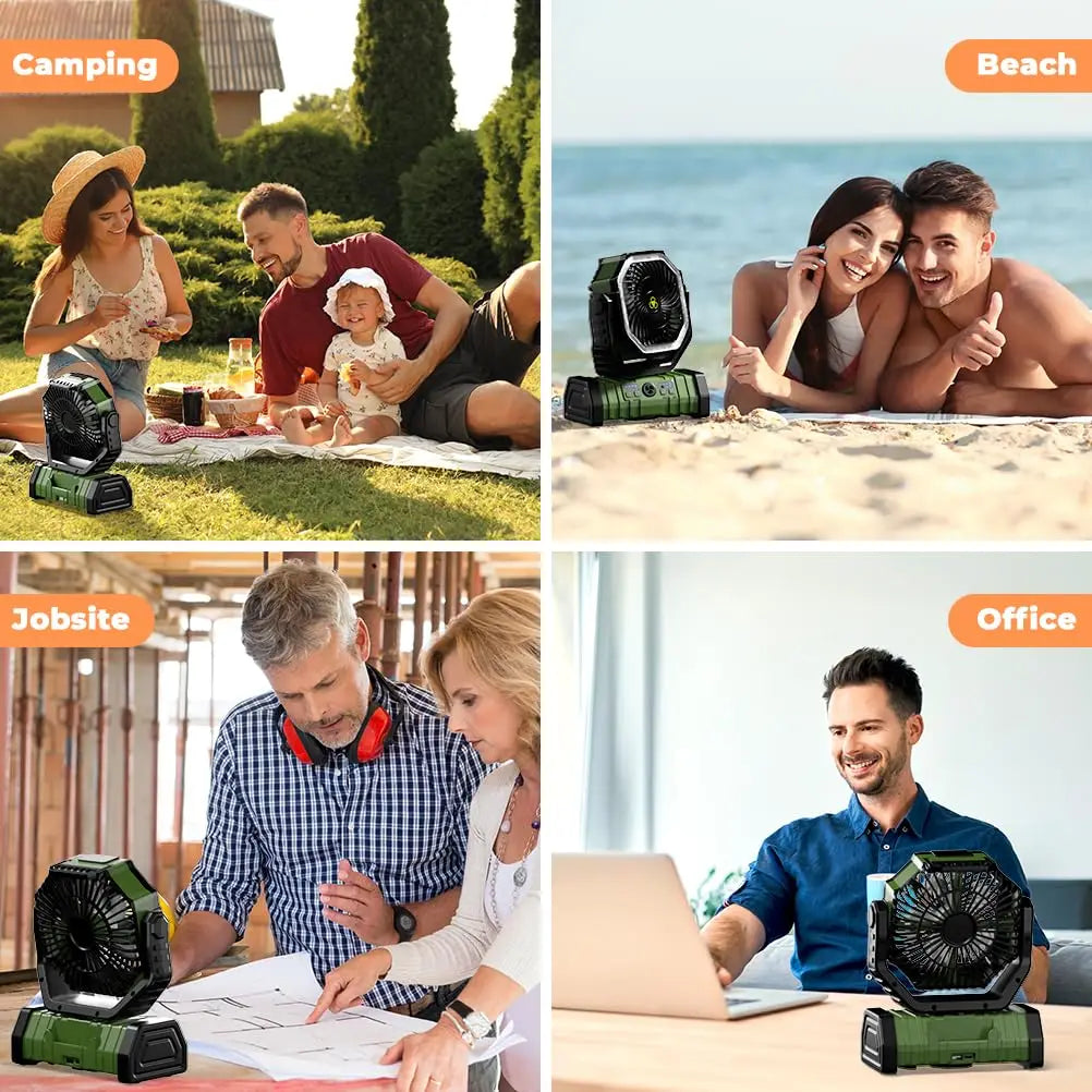 Camping Ventilator mit Fernbedienung, Akku und LED-Licht für komfortable Luftkühlung und Beleuchtung im Zelt.