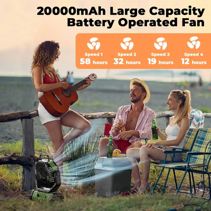 Outdoor Camping Ventilator mit 20000mAh Akku, dimmbarem LED-Licht für angenehme Kühlung und Helligkeit im Dunkeln.