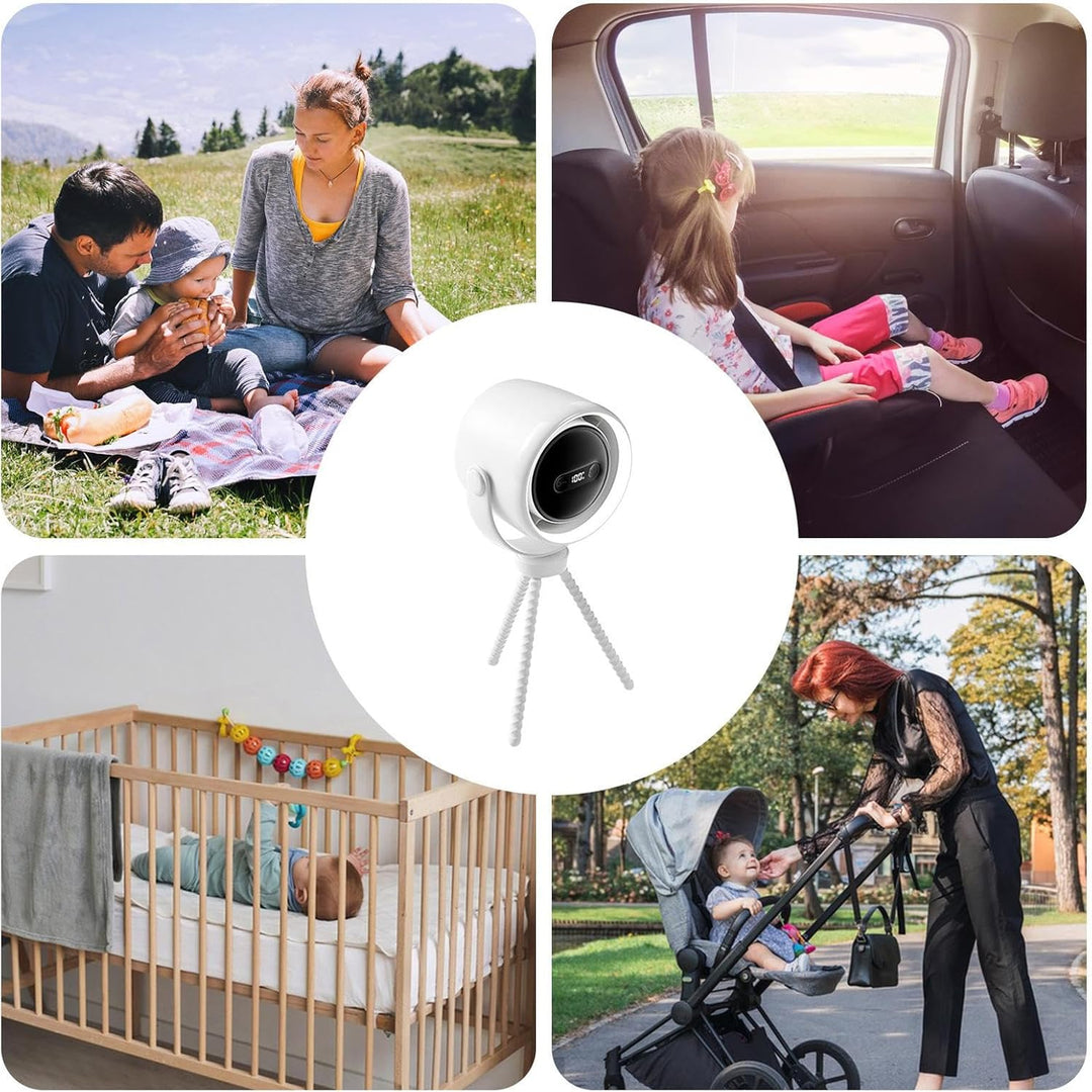 Robuster, wiederaufladbarer Kinderwagenventilator mit Clip, Nachtlicht & 100 Geschwindigkeiten für langanhaltende Nutzung.