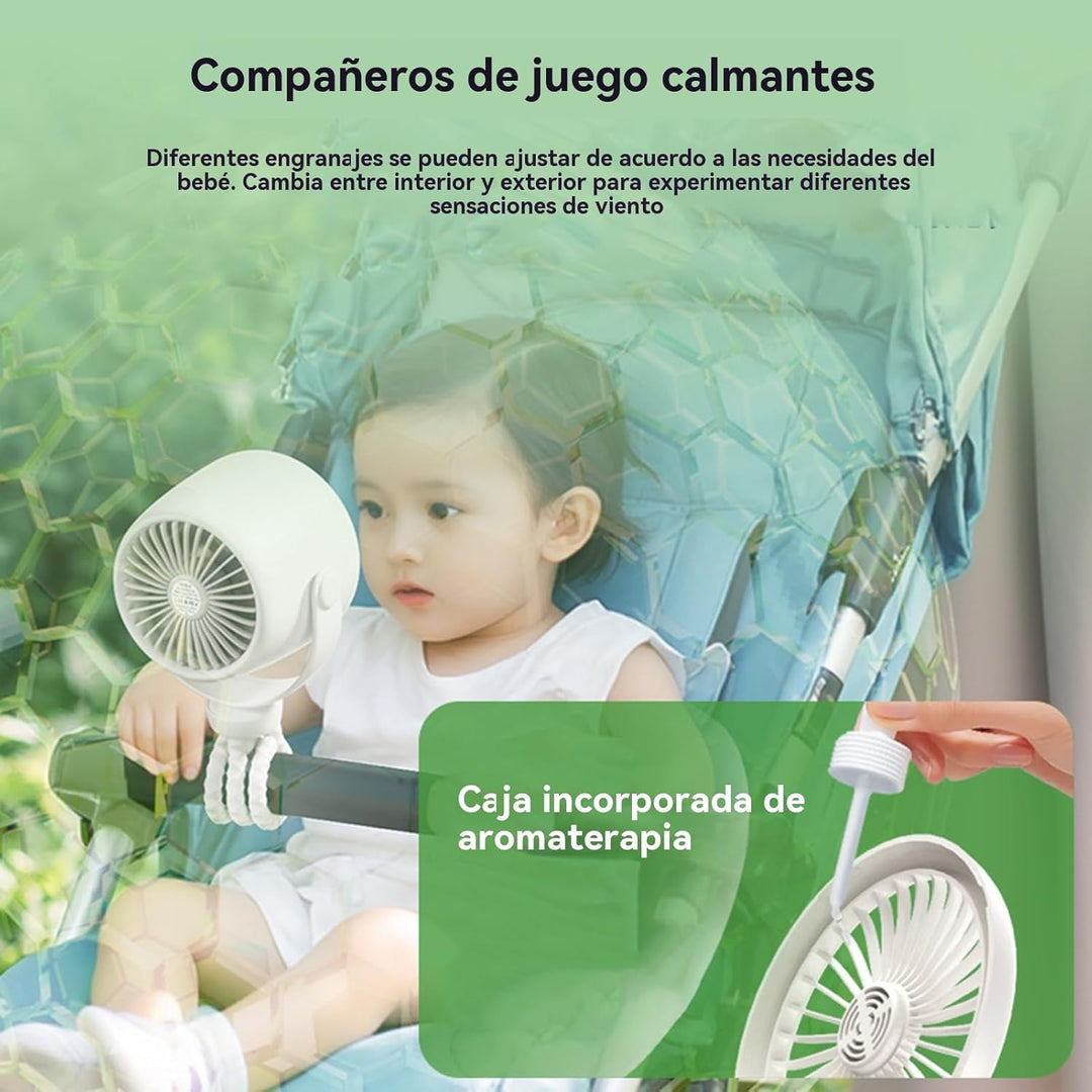 Kühlt sanft: wiederaufladbarer Kinderwagenventilator mit Nachtlicht, 100 Geschwindigkeiten, leise & sicher.