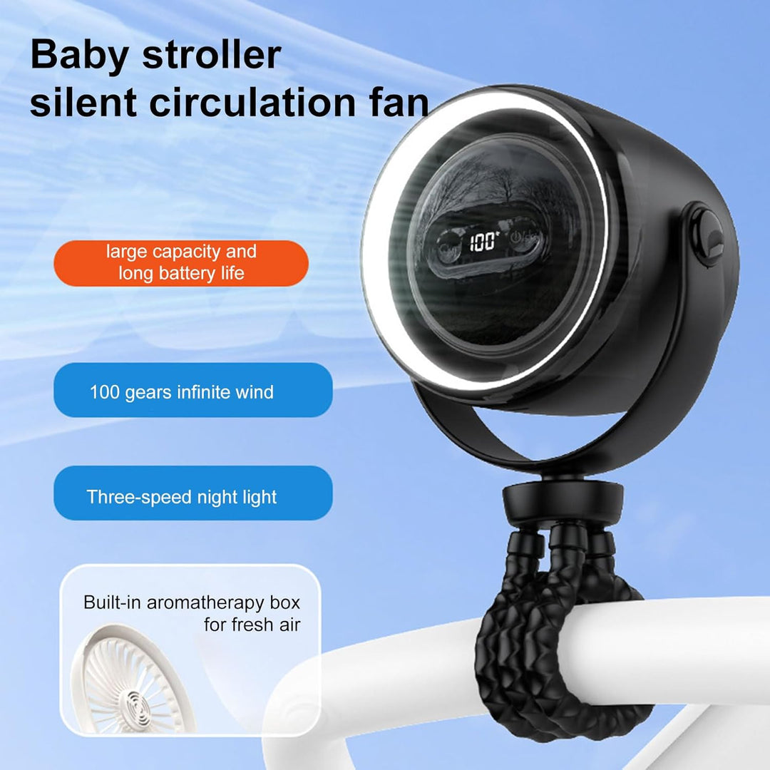 Tragbarer Clip-Ventilator für Kinderwagen, wiederaufladbar, mit Nachtlicht & 100 Geschwindigkeiten.