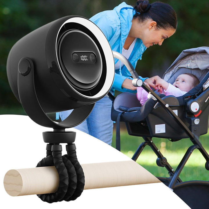 Kühler Clip-Ventilator für Kinderwagen mit Nachtlicht, wiederaufladbar & 100 Geschwindigkeiten, hält Babys kühl.