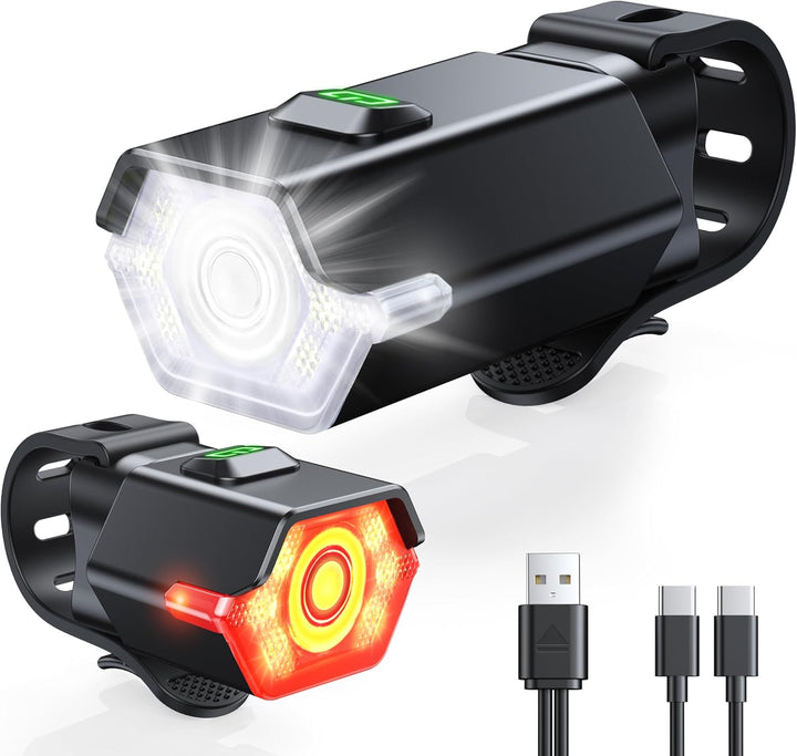 Wiederaufladbares LED-Fahrradlichtset RoadBeam für 360° Sicht und erhöhte Sicherheit. Perfekt für Pendler und MTB.