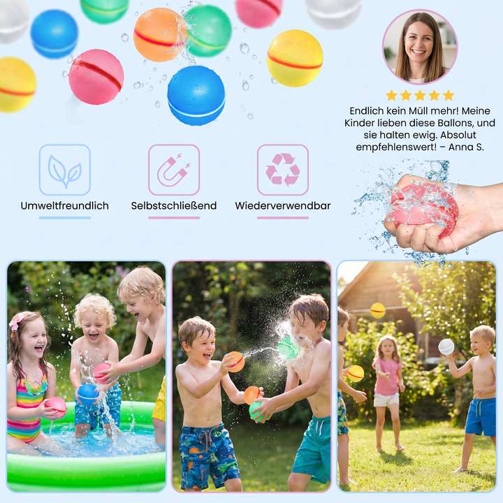 Lachende Kinder spielen mit bunten, wiederverwendbaren Wasserballons im Garten. Perfektes Outdoor-Spielzeug für den Sommer.