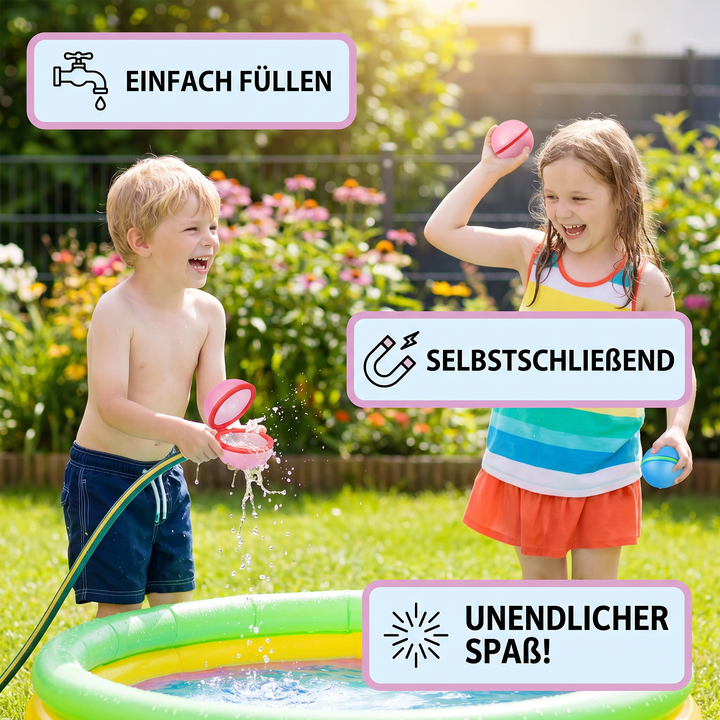 Familie genießt eine erfrischende Wasserschlacht mit nachhaltigen, wiederverwendbaren Wasserballons im Sommer. Spaß für alle!