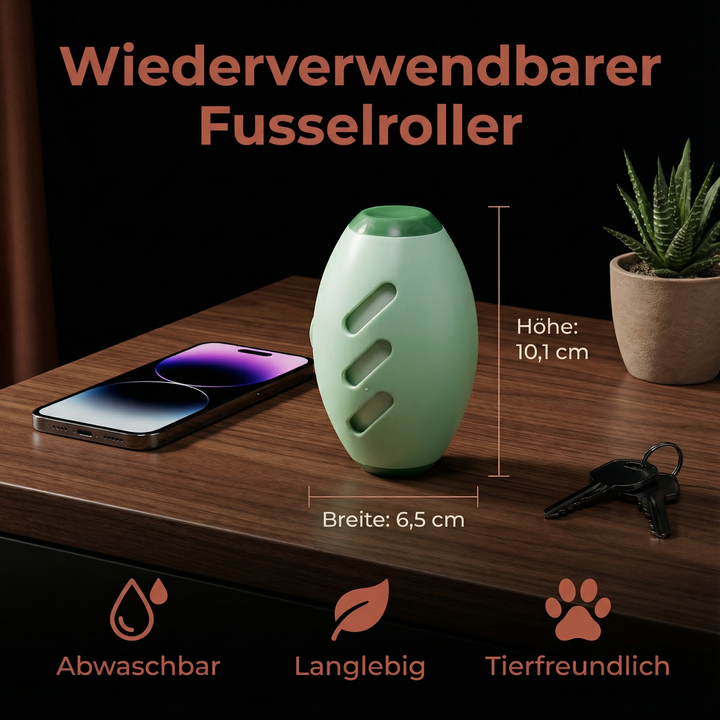 Fusselroller entfernt Tierhaare von schwarzer Hose, zeigt sauberes Ergebnis & einfache Anwendung.