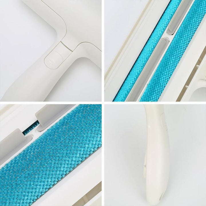 Wiederverwendbarer Tierhaarentferner Roller in Weiß/Blau zur effektiven Reinigung von Sofa und Kleidung.