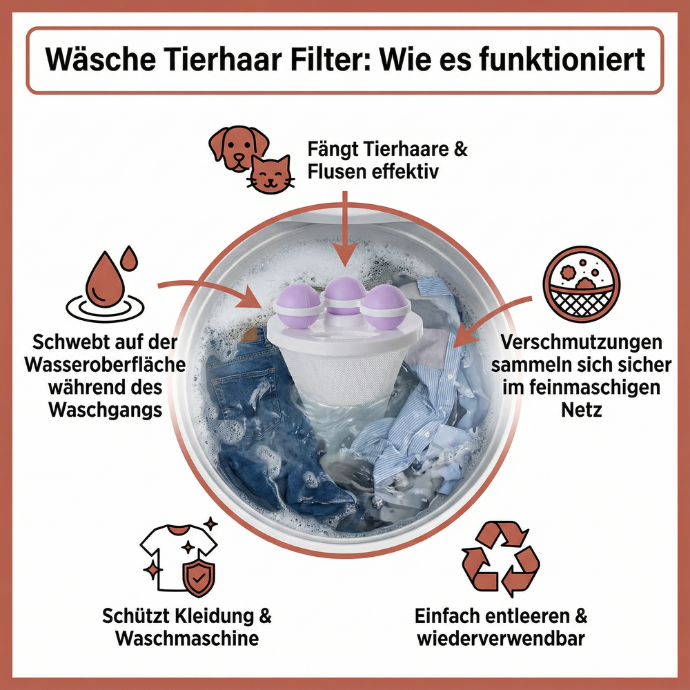 Weißer, wiederverwendbarer Tierhaarfilter für Waschmaschine zur effektiven Haarentfernung & Wäschepflege für Haustierbesitzer.