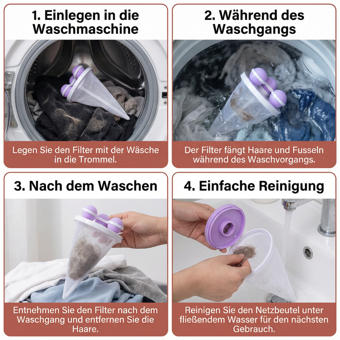 Wiederverwendbarer Tierhaarfilter für Waschmaschine entfernt effektiv Haare von Katzen & Hunden. Fusselfreie Wäschepflege.