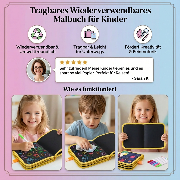 Pädagogisches Malbuch für Kinder, wiederverwendbar, ideal für Reisen & kreatives Spielen.