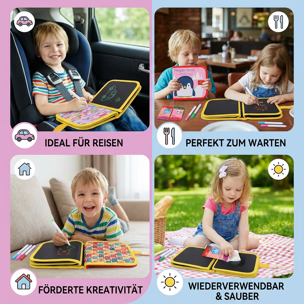 Kreatives Malbuch für Kinder, wiederverwendbar, fördert Fantasie & Lernspaß.