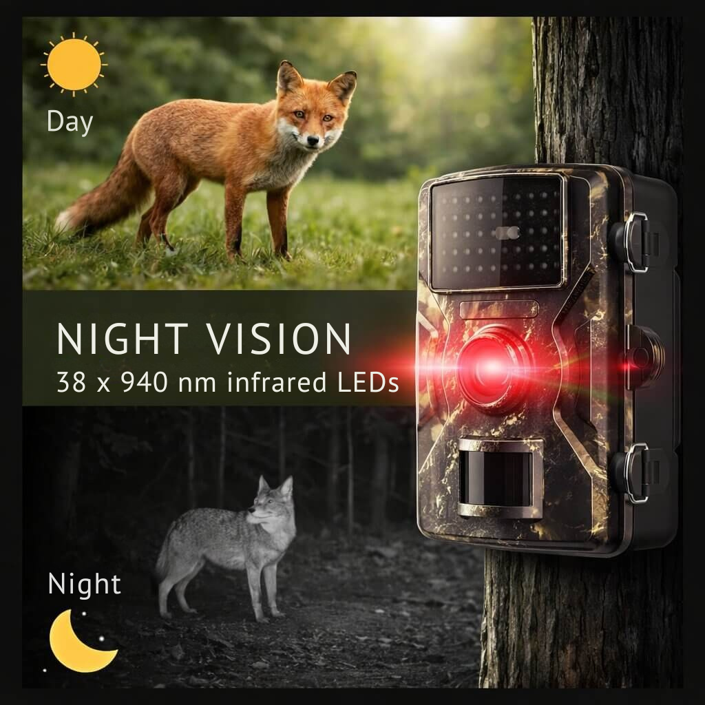 Wetterfeste Wildkamera für Wald & Jagd, mit scharfer Nachtsicht & Bewegungserkennung.