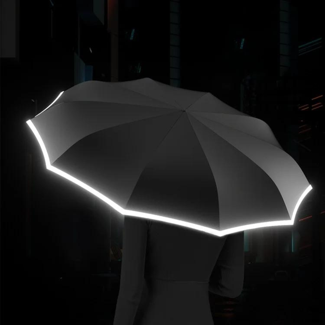 Hochwertiger Regenschirm, windresistent und reflektierend, für sichere Spaziergänge.