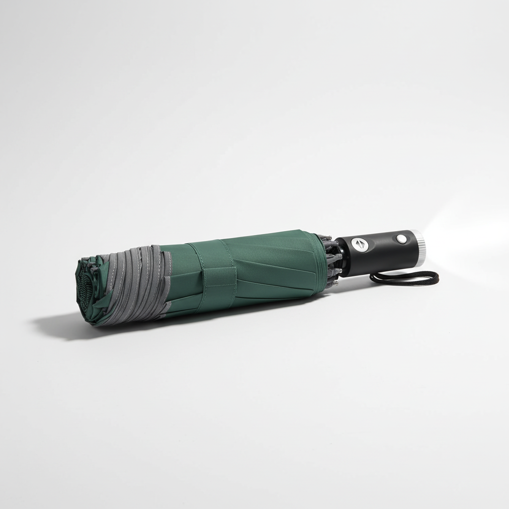 Rainlume Windschirm: Automatisch, LED-Licht, reflektierend. Tropffrei & kompakt für sichere Reisen bei Regen und Dunkelheit.