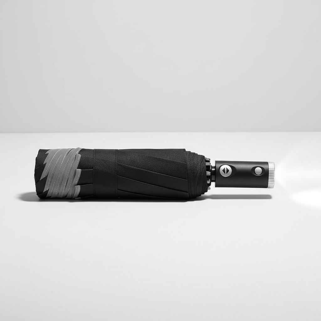 Robuster Windschirm mit Automatik und LED-Licht. Widerstandsfähig gegen starke Böen, sicher und gut sichtbar im Regen.